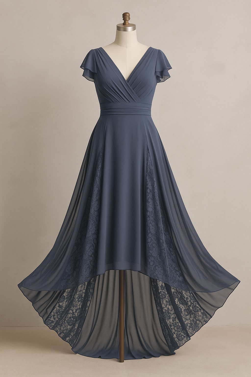 Elegante Blauwe Chiffon & Kant High-Low Jurk