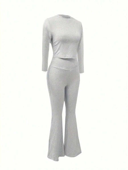 INAWLY Solva 2 stks/set Dames Effen Kleur Ronde Hals Lange Mouw Blouse En Uitlopende Broek Casual Outfit