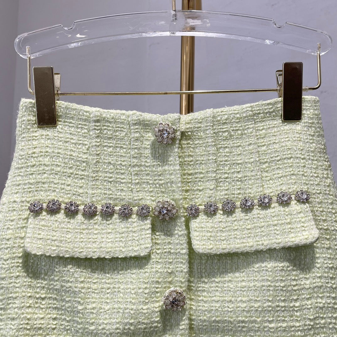 Pastelgroene Tweed Rok met Kristalknopen