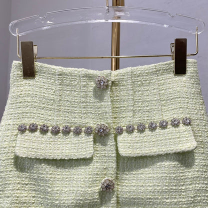 Pastelgroene Tweed Rok met Kristalknopen
