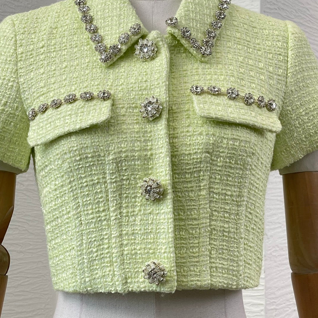Pastelgroene Tweed Blazer met Kristalknopen