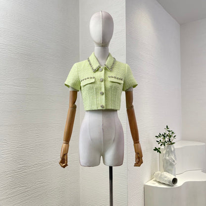 Pastelgroene Tweed Blazer met Kristalknopen