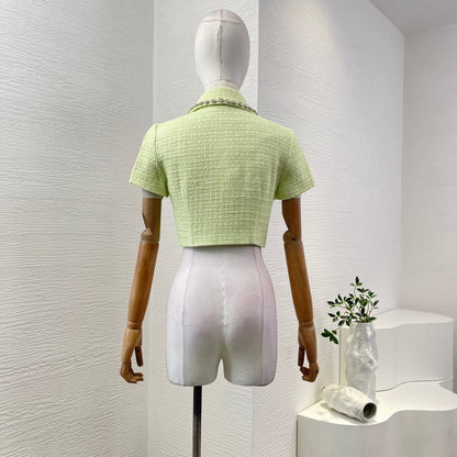 Pastelgroene Tweed Blazer met Kristalknopen