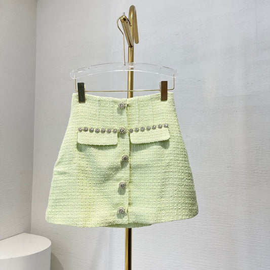 Pastelgroene Tweed Rok met Kristalknopen