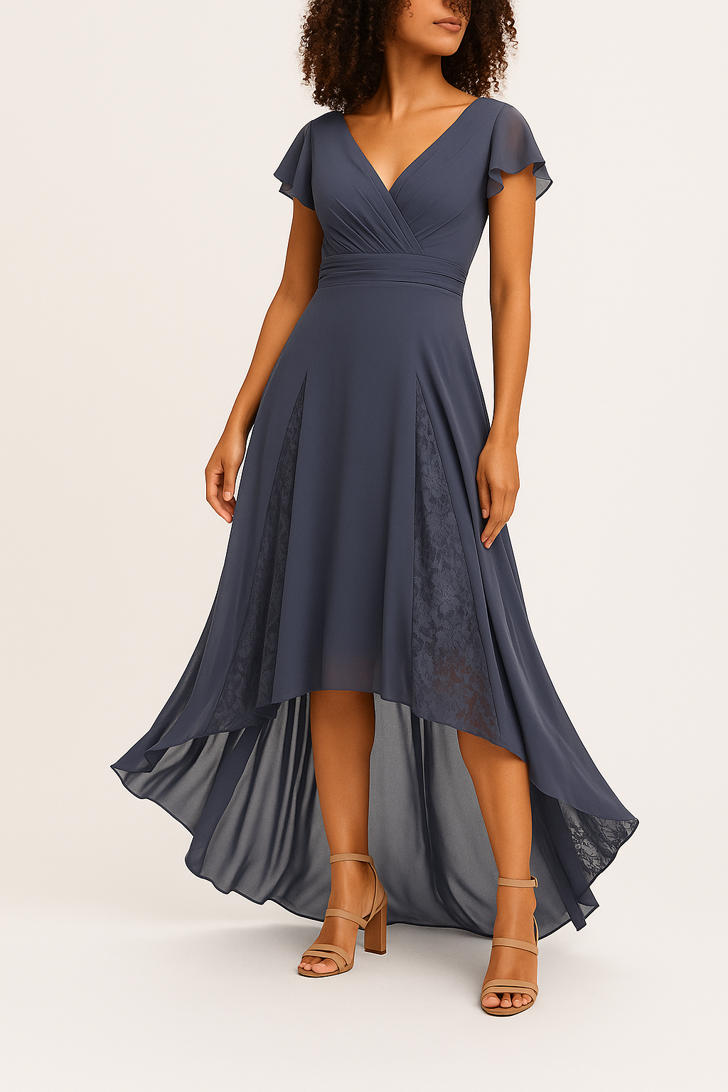 Elegante Blauwe Chiffon & Kant High-Low Jurk