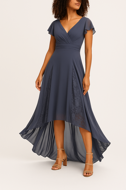 Elegante Blauwe Chiffon & Kant High-Low Jurk