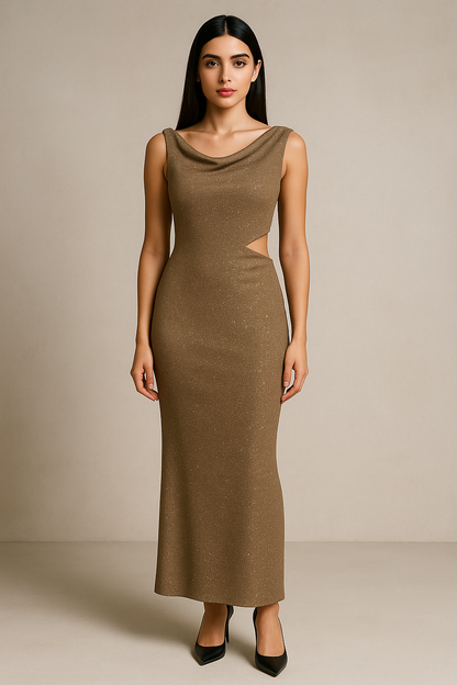 Elegante Bronskleurige Avondjurk met Taille Cut-Out