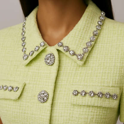 Pastelgroene Tweed Blazer met Kristalknopen
