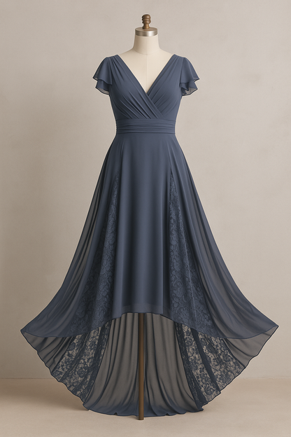 Elegante Blauwe Chiffon & Kant High-Low Jurk