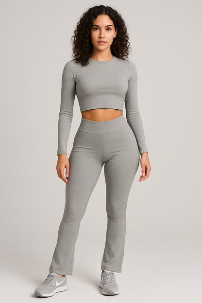 INAWLY Solva 2 stks/set Dames Effen Kleur Ronde Hals Lange Mouw Blouse En Uitlopende Broek Casual Outfit