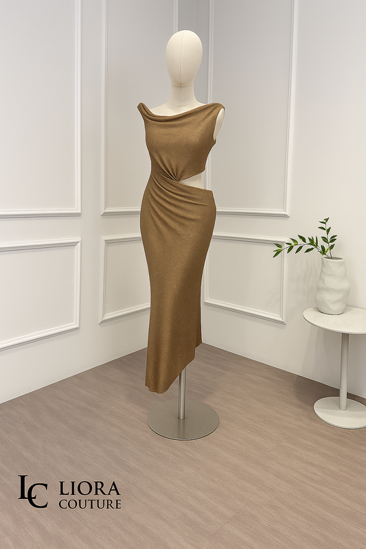 Elegante Bronskleurige Avondjurk met Taille Cut-Out
