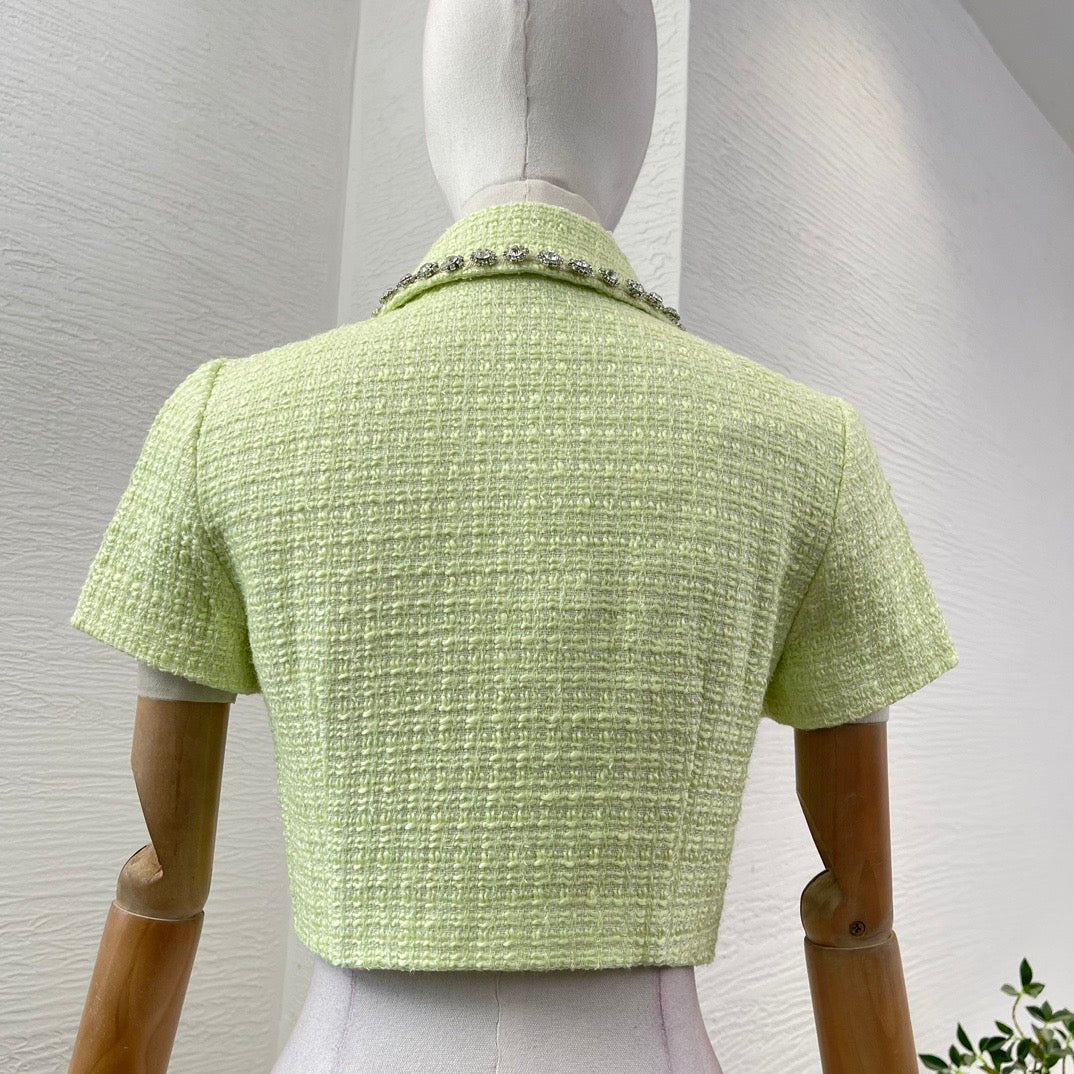 Pastelgroene Tweed Blazer met Kristalknopen