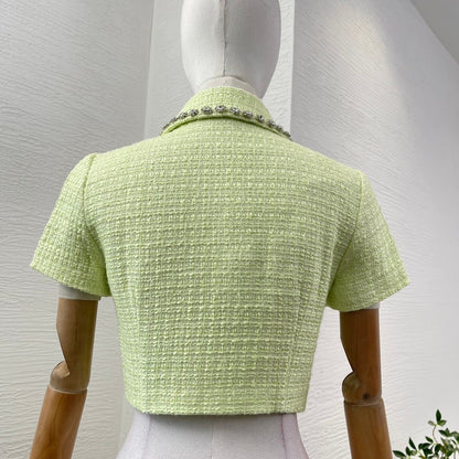 Pastelgroene Tweed Blazer met Kristalknopen